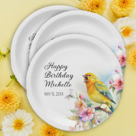 ヴィンテージバードカナリズフラワーズハッピーバースデー ペーパープレート