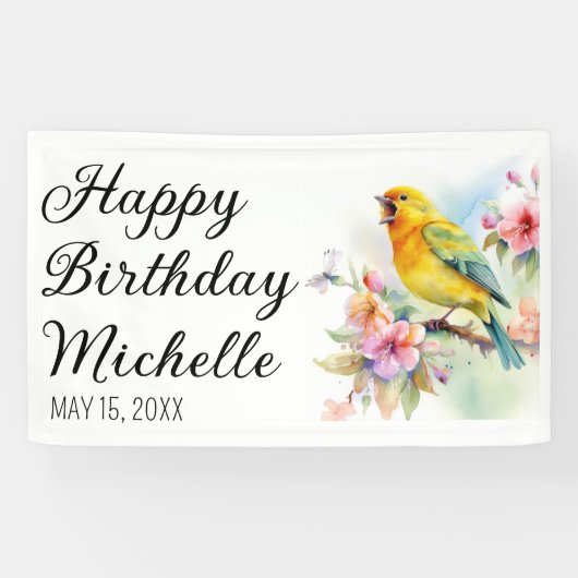 ヴィンテージバードカナリズフラワーズハッピーバースデー 横断幕 (横)