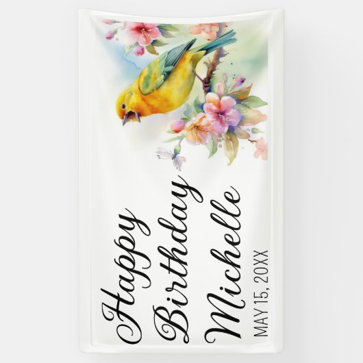 ヴィンテージバードカナリズフラワーズハッピーバースデー 横断幕 (縦)