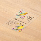 ヴィンテージバードカナリズフラワーズ100誕生日 アクリル招待状 (レイダウン)