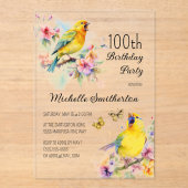 ヴィンテージバードカナリズフラワーズ100誕生日 アクリル招待状 (正面)