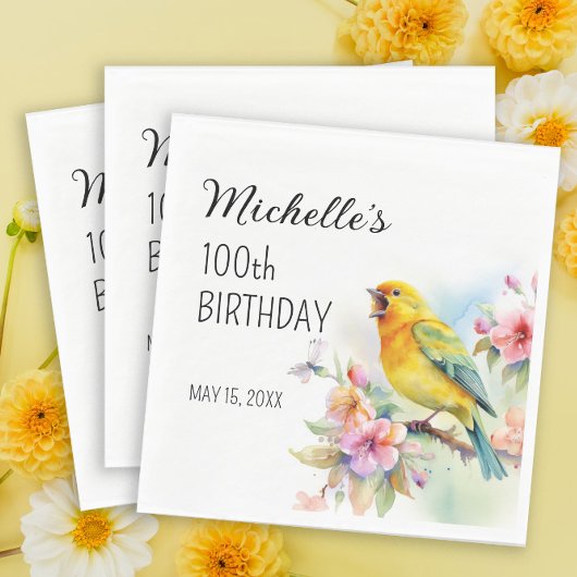ヴィンテージバードカナリズフラワーズ100誕生日 スタンダードランチョンナプキン