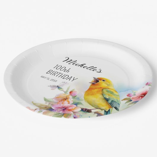 ヴィンテージバードカナリズフラワーズ100誕生日 ペーパープレート (アングル)