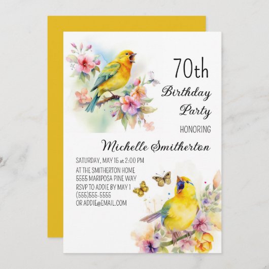 ヴィンテージバードカナリズフラワーズ70誕生日 招待状 (正面/裏面)