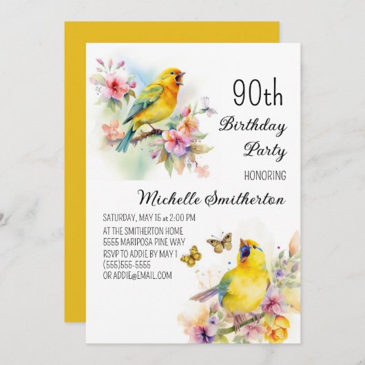 ヴィンテージバードカナリズフラワーズ90誕生日 招待状 (正面/裏面)