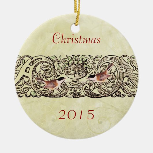 ヴィンテージバードクリスマスカップルの写真オーナメント セラミックオーナメント (正面)