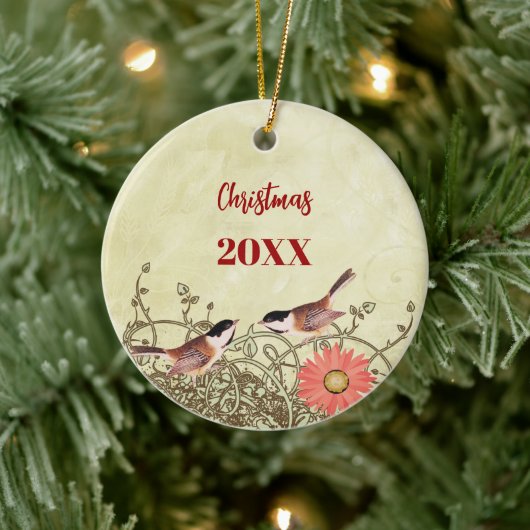 ヴィンテージバードクリスマスカップルの写真オーナメント セラミックオーナメント (ツリー)