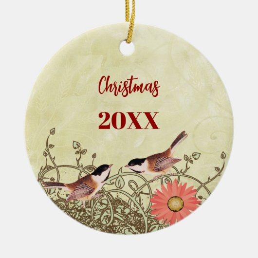 ヴィンテージバードクリスマスカップルの写真オーナメント セラミックオーナメント (正面)