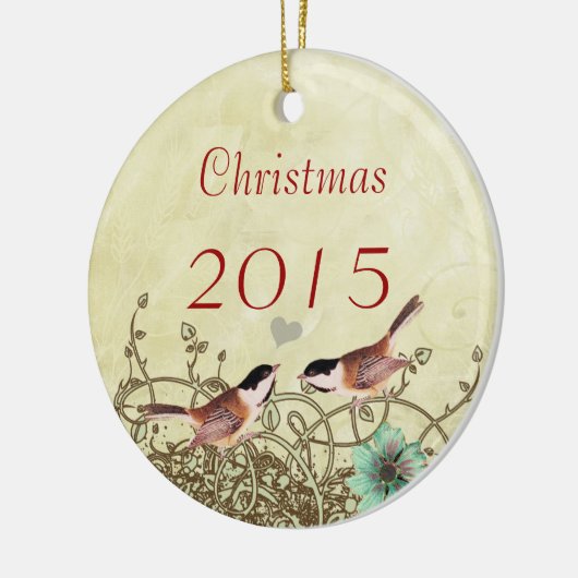 ヴィンテージバードクリスマスカップルの写真オーナメント セラミックオーナメント (左)