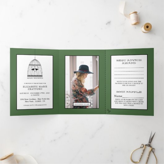 ヴィンテージバードケージアーティチョークグリーンベビーシャワースイート 三つ折り招待状 (内部)
