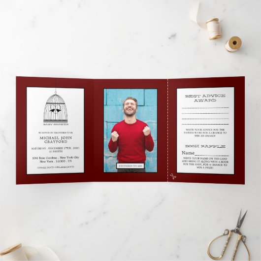 ヴィンテージバードケージダークレッドベビーシャワースイート 三つ折り招待状 (内部)