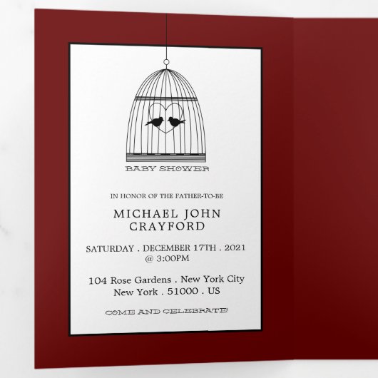 ヴィンテージバードケージダークレッドベビーシャワースイート 三つ折り招待状 (内部最初)