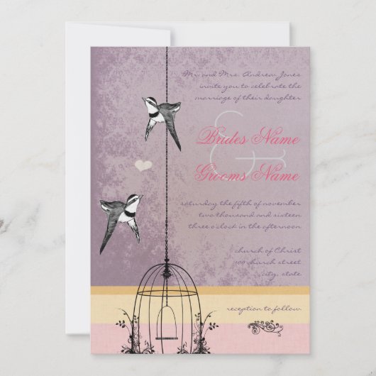 ヴィンテージバードケージパープルピンク結婚ズ 招待状 (正面)