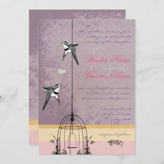 ヴィンテージバードケージパープルピンク結婚ズ 招待状 (正面/裏面)