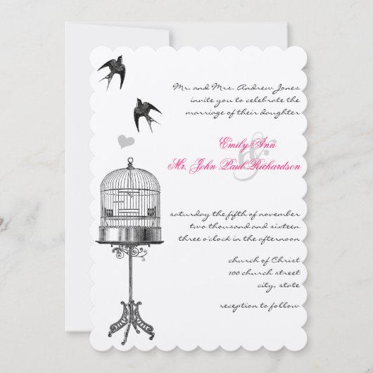 ヴィンテージバードケージピンクのアクセント結婚式招待状 招待状 (正面)