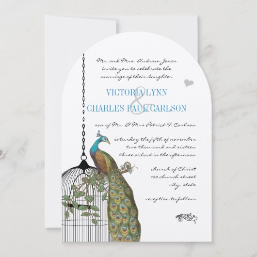 ヴィンテージバードケージピーコック結婚式招待状 招待状 (正面)