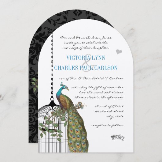 ヴィンテージバードケージピーコック結婚式招待状 招待状 (正面/裏面)