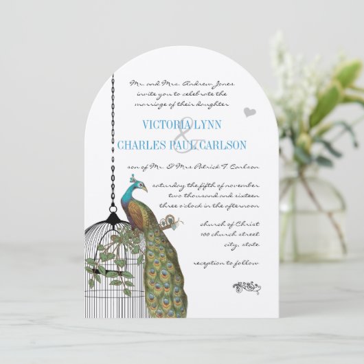 ヴィンテージバードケージピーコック結婚式招待状 招待状 (スタンド正面)