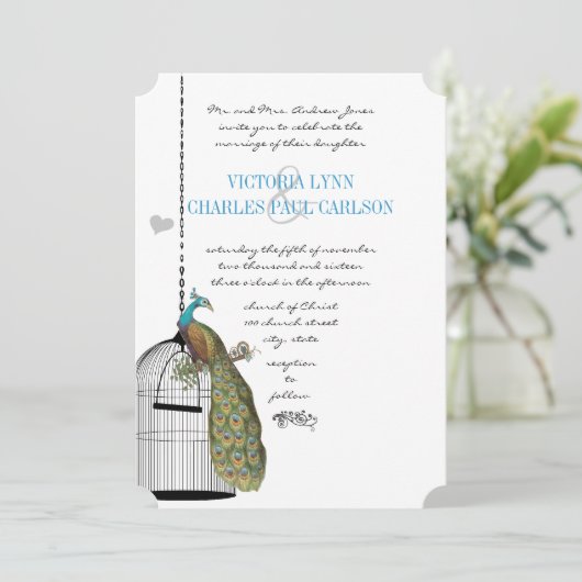 ヴィンテージバードケージピーコック結婚式招待状 招待状 (スタンド正面)