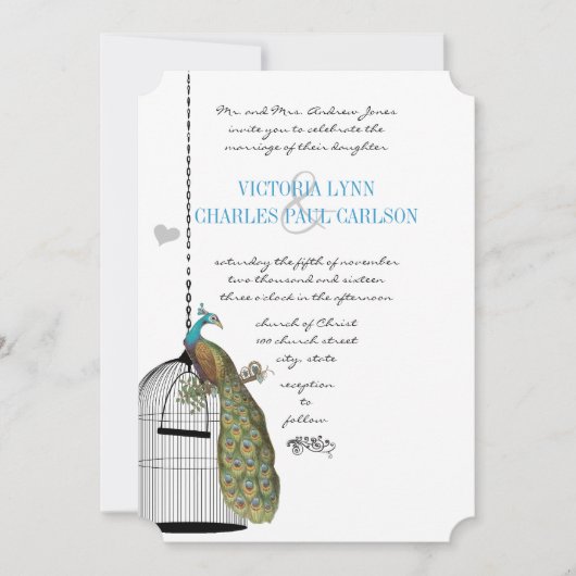 ヴィンテージバードケージピーコック結婚式招待状 招待状 (正面)