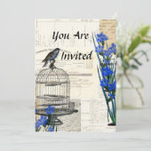 ヴィンテージバードケージブルーフラワーズフランスの 招待状 (スタンド正面)