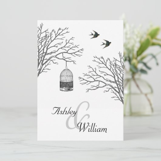 ヴィンテージバードケージベア枝結婚ツバメ 招待状 (スタンド正面)
