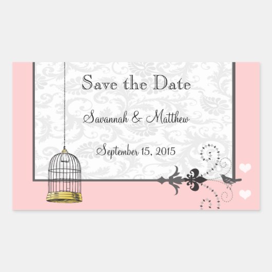 ヴィンテージバードケージミュージカルラブバードウェディング 長方形シール (正面)