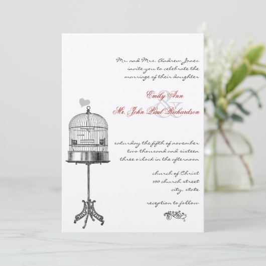 ヴィンテージバードケージレッドアクセント結婚式招待状 招待状 (スタンド正面)