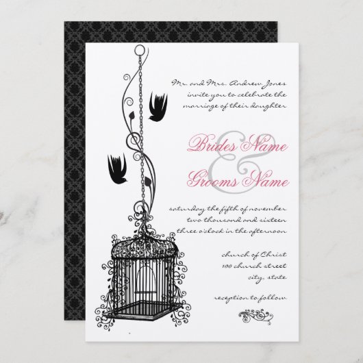 ヴィンテージバードケージレッドアクセント結婚式招待状 招待状 (正面/裏面)