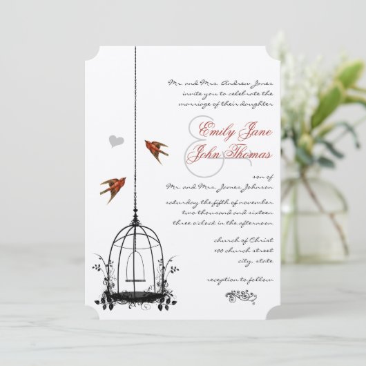 ヴィンテージバードケージレッドラブバード結婚式招待状 招待状 (スタンド正面)
