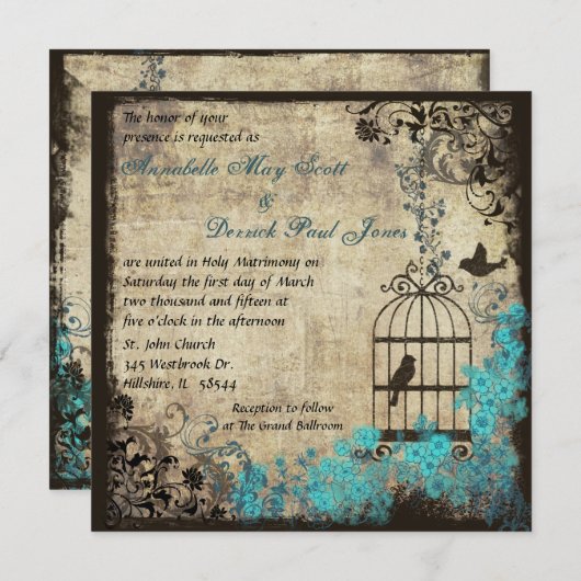 ヴィンテージバードケージ結婚式招待状ブルー 招待状 (正面/裏面)