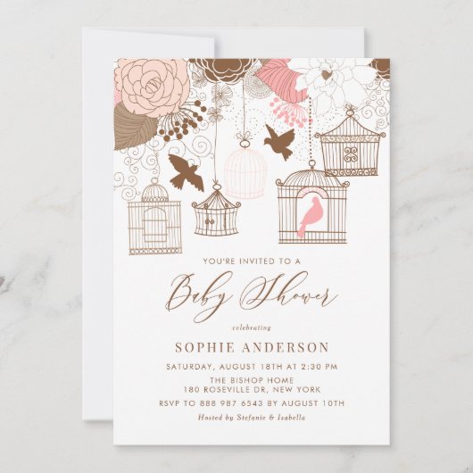 ヴィンテージバードケージ&フラワーベビーシャワー招待状 招待状 (正面)
