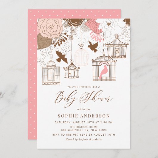 ヴィンテージバードケージ&フラワーベビーシャワー招待状 招待状 (正面/裏面)
