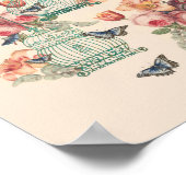 ヴィンテージバードケージ、蝶とヴィンテージ花模様 ポスター (角)