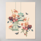 ヴィンテージバードケージ、蝶とヴィンテージ花模様 ポスター (正面)