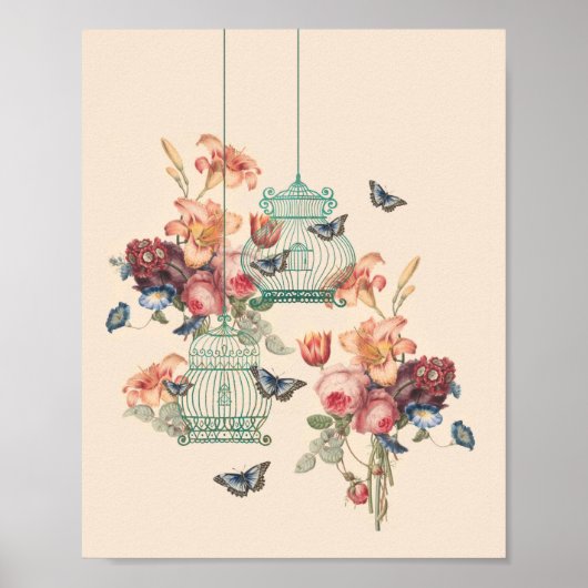ヴィンテージバードケージ、蝶とヴィンテージ花模様 ポスター (正面)