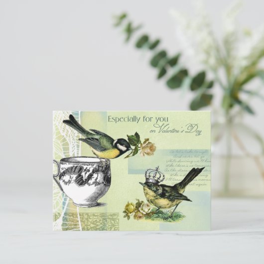 ヴィンテージバードコラージバレンタインデー シーズンポストカード (スタンド正面)