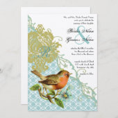 ヴィンテージバードコーラルラグーンエンダイブダマスウェディング 招待状 (正面/裏面)