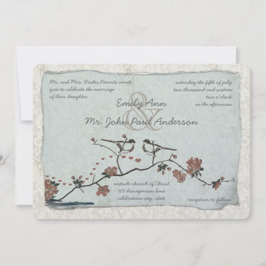 ヴィンテージバードダマスクウェディング招待状 招待状 (正面)