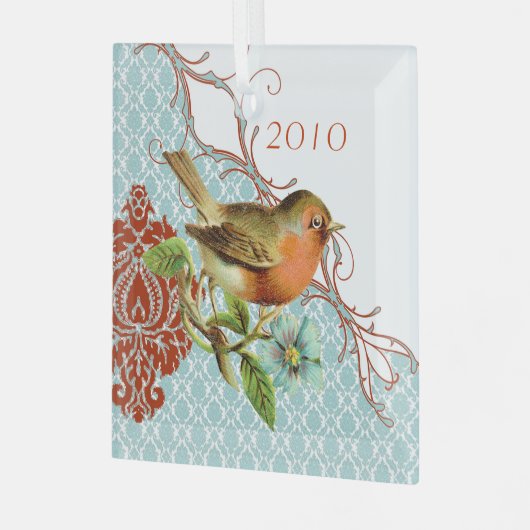 ヴィンテージバードダマスククリスマス飾り ガラスオーナメント (正面左)