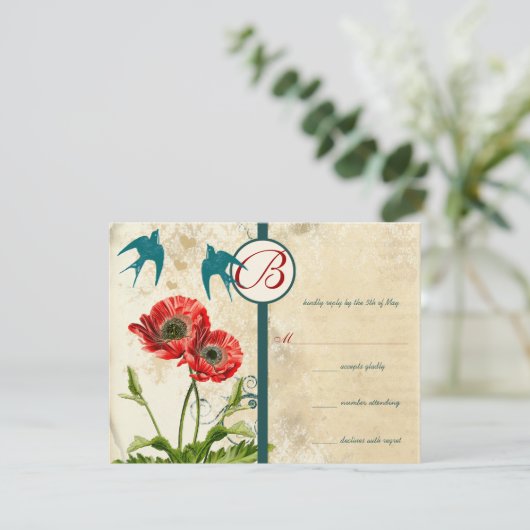 ヴィンテージバードダマスクポピー結婚式招待状 出欠カード (スタンド正面)