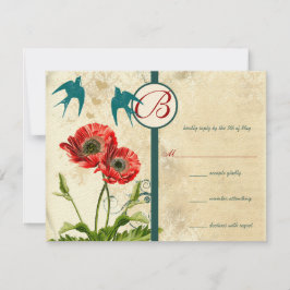 ヴィンテージバードダマスクポピー結婚式招待状 出欠カード