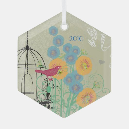 ヴィンテージバードダマスコバードケージクリスマスオーナメント ガラスオーナメント (正面)