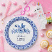 ヴィンテージバードチノイスリーネイビーBlフローラ水色 ペーパープレート (パーティー)