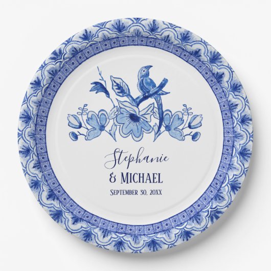 ヴィンテージバードチノイスリーネイビーBlフローラ水色 ペーパープレート (正面)