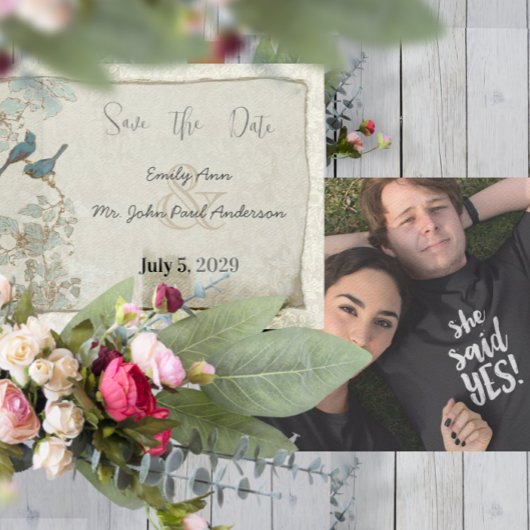 ヴィンテージバードティール（緑がかった色）ブルーダマスク縁どズ結婚ス 招待状