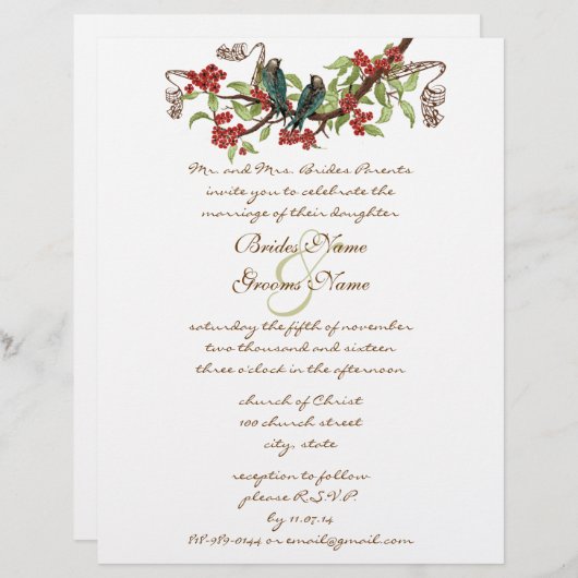 ヴィンテージバードティール(緑がかった色)&レッド結婚式招待状 (正面/裏面)