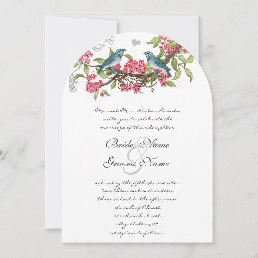 ヴィンテージバードハニーサックルティール（緑がかった色）&ピンク 招待状 (正面)