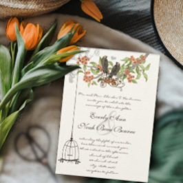 ヴィンテージバードバードケージピーチコーラル開花結婚ズ 招待状