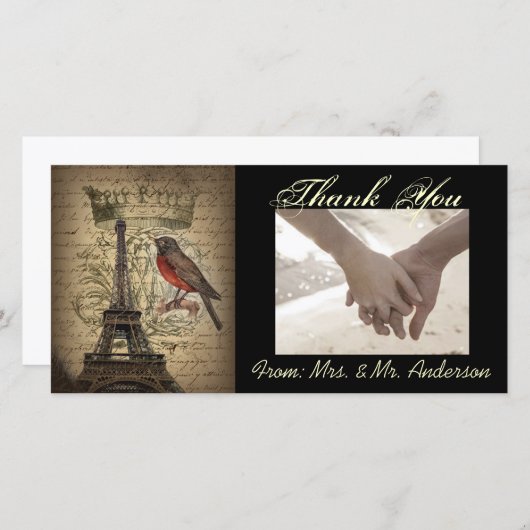 ヴィンテージバードパリエッフェルタワー結婚ズ サンキューカード (正面/裏面)